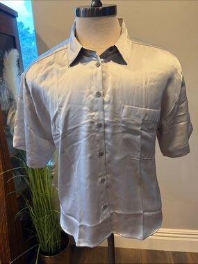 LOFT Silver Satin Button-Up Blouse NWT Large